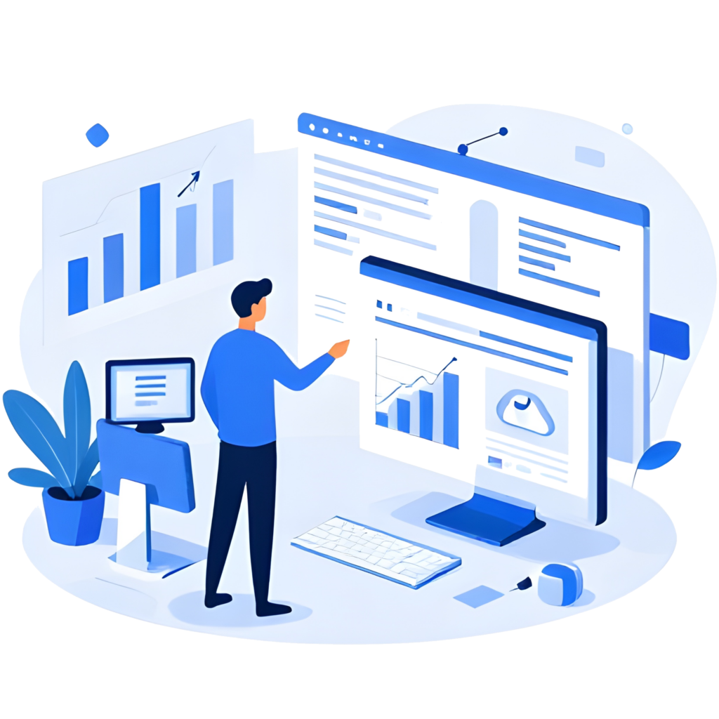 Clip art of man in front of screens with charts